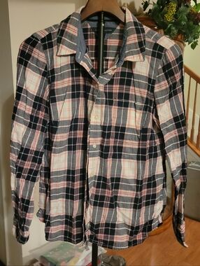 Tommy Hilfiger Plaid Pink, White, Black Long Sleeve Button Up Shirt